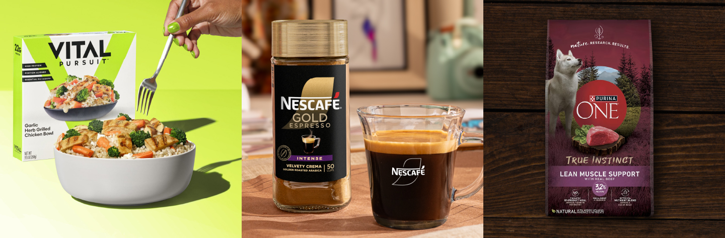 Vital Pursuit meal, Nescafe Gold Espresso, and Purina One dog food