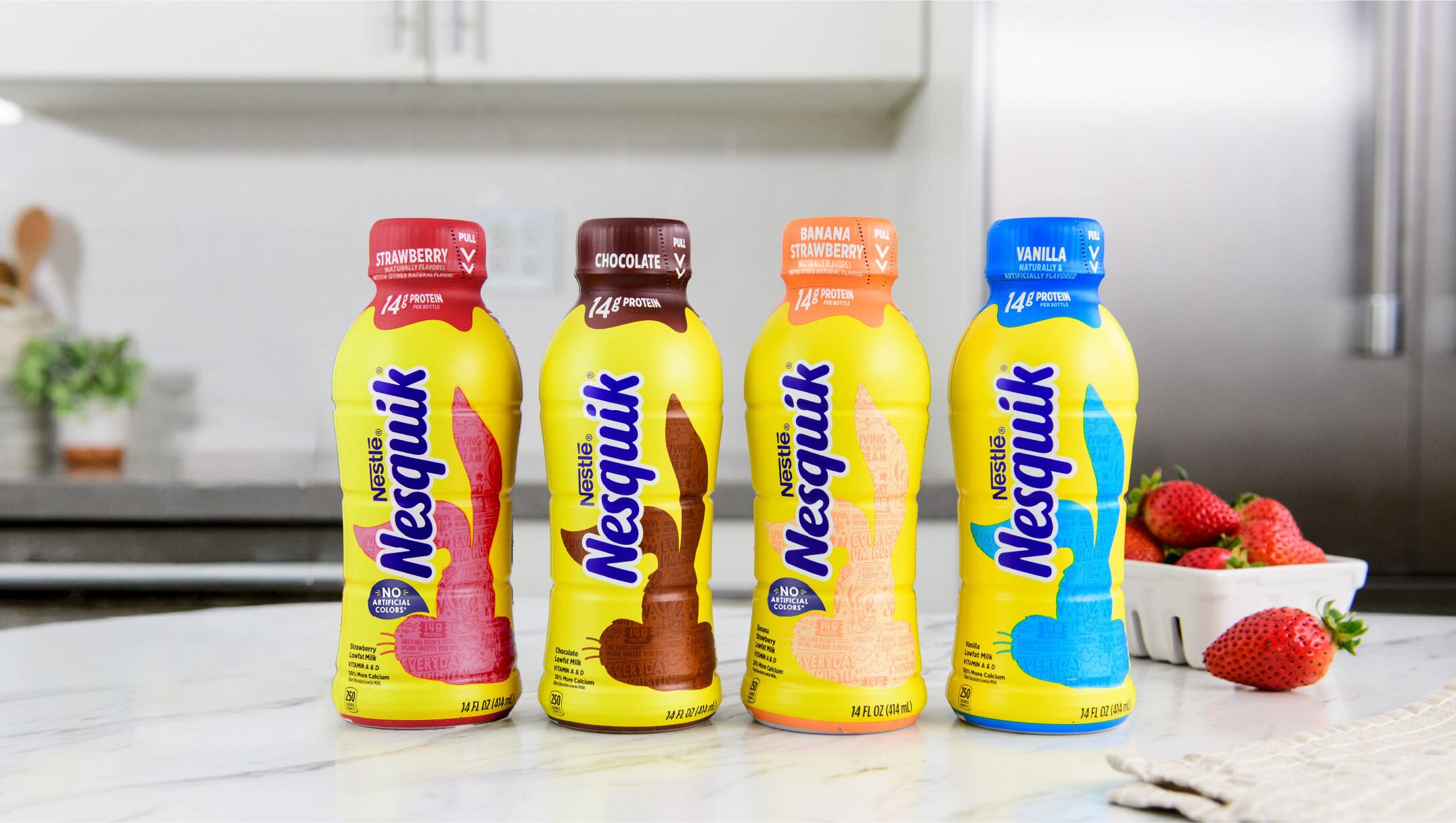 Nesquik bottles on counter