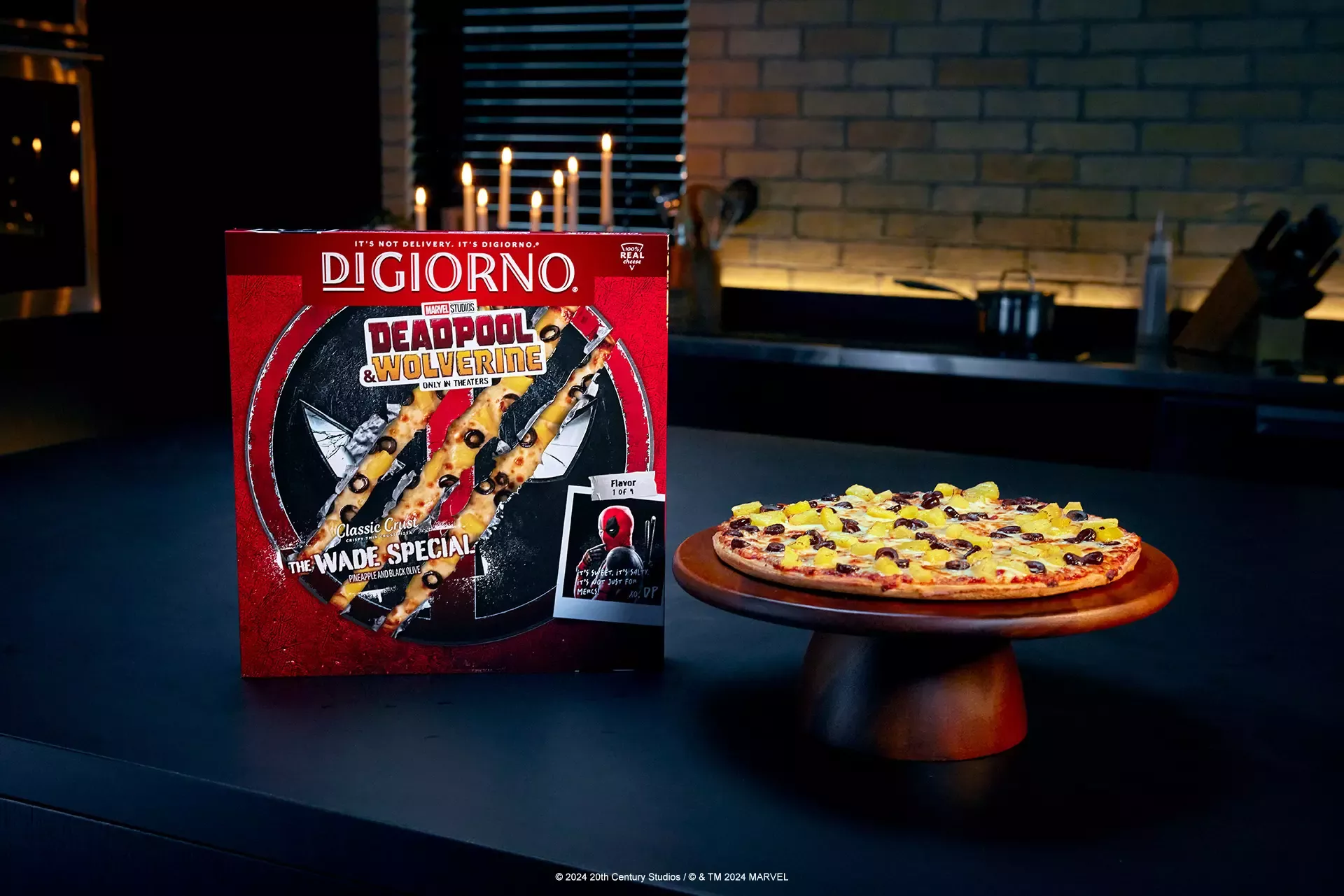 DiGiorno Deadpool Pizza on stand with box