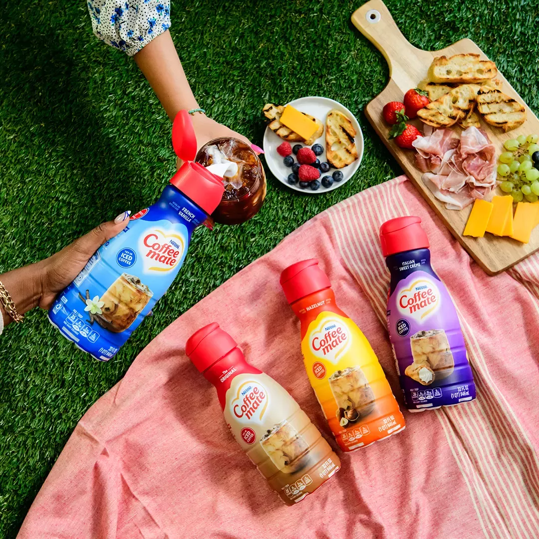Coffee mate bottles arranged at picnic