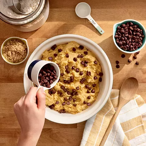 Mixing bowl with chocolate chip cookie dough