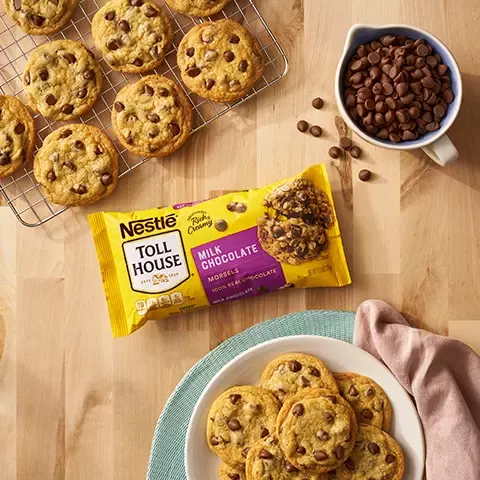 Toll House cookies with bag and bowl of morsels