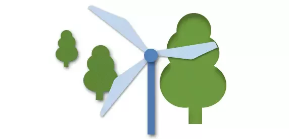 An illustration of a wind turbine surrounded by trees